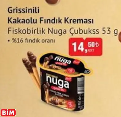 FİSKOBİRLİK NUGA ÇUBUKSS GRİSSİNİLİ KAKAOLU FINDIK KREMASI FİSKOBİRLİK NUGA ÇUBUKSS GRİSSİNİLİ KAKAOLU FINDIK KREMASI